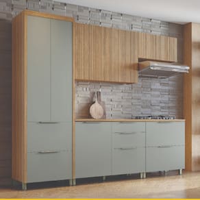 Cozinha Completa em MDF Nesher Paris Ripada com 270 cm de Largura, 7 Portas, 6 Gavetas e 11 Prateleiras - Verde/Nature