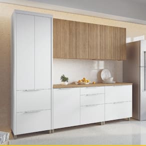 Cozinha Completa em MDF Nesher Paris Ripada com 270 cm de Largura, 8 Portas, 6 Gavetas e 12 Prateleiras - Branco/Nature