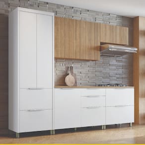 Cozinha Completa em MDF Nesher Paris Ripada com 270 cm de Largura, 7 Portas, 6 Gavetas e 11 Prateleiras - Branco/Nature