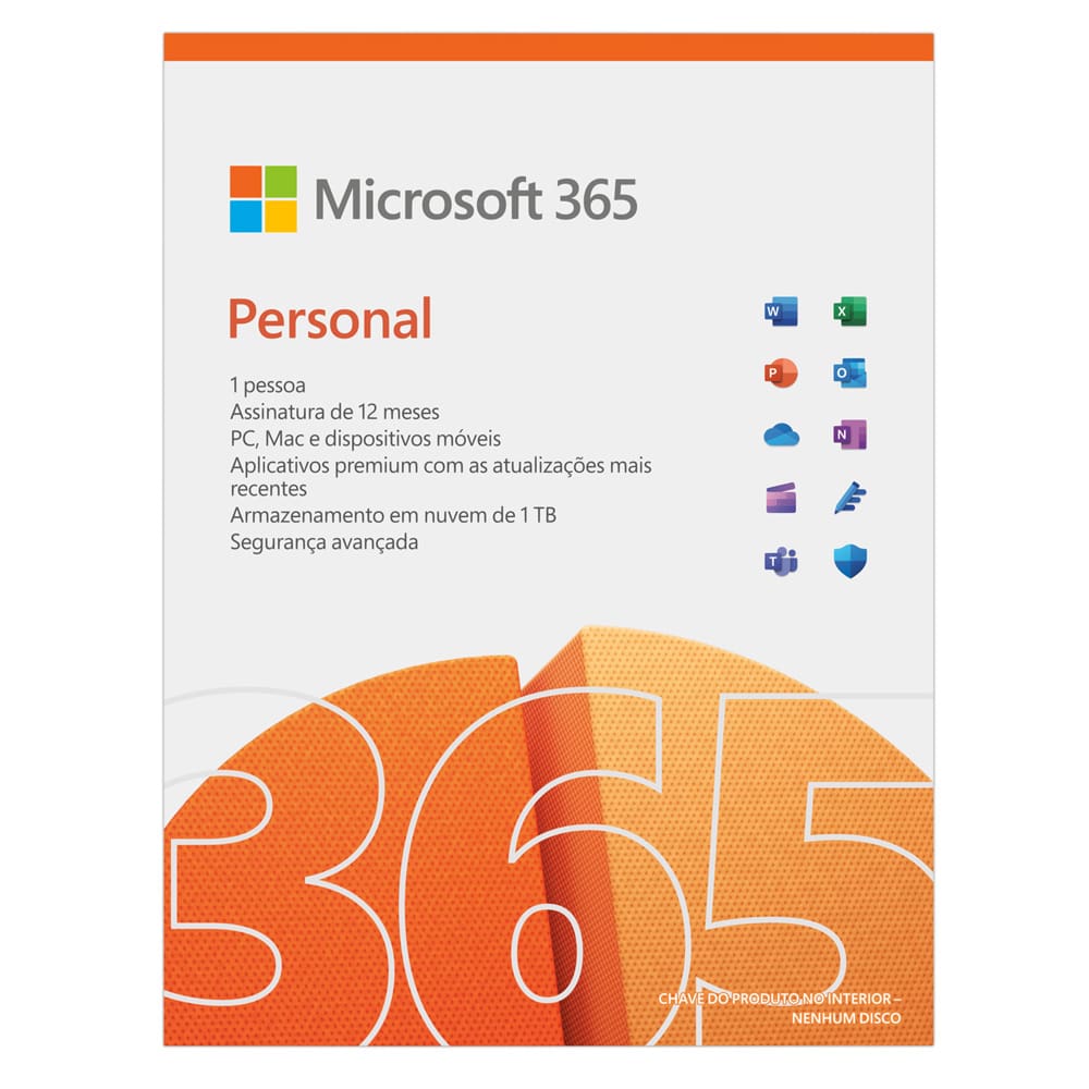 Microsoft 365 Personal, Office 365 premium apps, Word, Excel, PowerPoint, Outlook, 1TB nuvem, 1 pessoa, para PC/Mac, iOS e Android - Assinatura Anual