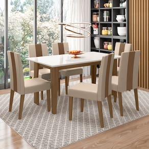 Mesa de Jantar Retangular Poliman Goya com Tampo de Vidro e 6 Cadeiras Revestidas em Suede