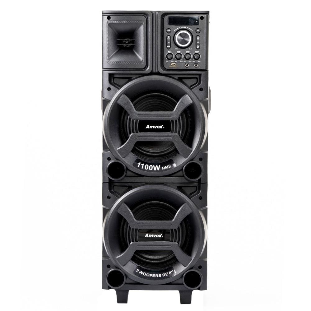 Torre de Som Amvox Duplo 8 Black ACA1101 com Luz de LED, 2 Woofers de 8", Bluetooth, Entradas UBS SD e Microfones - 1100W