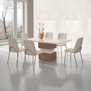 Mesa de Jantar Retangular Aço Nobre Aurora com Tampo de Vidro e 6 Cadeiras Estofadas - Champagne e Off White