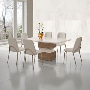 Mesa de Jantar Retangular Aço Nobre Aurora com Tampo de Vidro e 6 Cadeiras Estofadas - Champagne e Off White