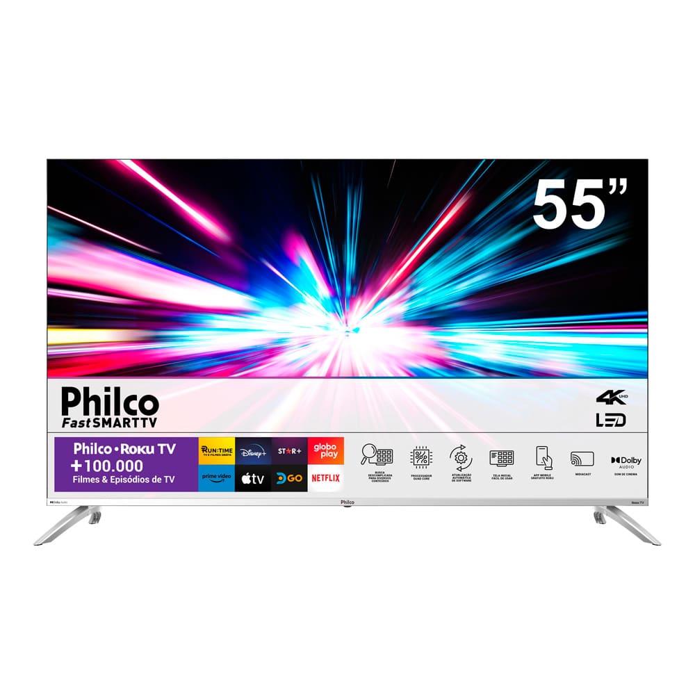 Smart TV 55" Philco Ultra HD 4K V55G7PR2CSB com processador Quad-Core, Dolby Digital, HDMI, USB, Wi-Fi e Roku TV