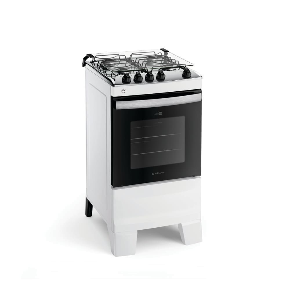 Fogão Atlas 4 Bocas Agile Up com Mesa de Inox, Grade Dupla no Forno e Acendimento automático Bivolt - Branco