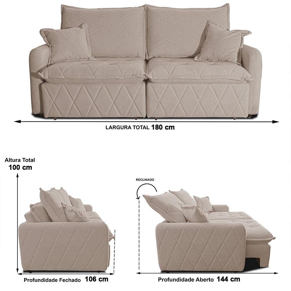 Sofá 3 Lugares Cam inBox Sublime Revestido em Tecido Bouclé Assento Retrátil Encosto Reclinável - 180cm de Largura