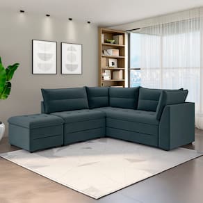 Sofá Modular de Canto 4 Lugares Luizzi Quebec com Pufe e Revestimento em Suede – 408cm de Largura