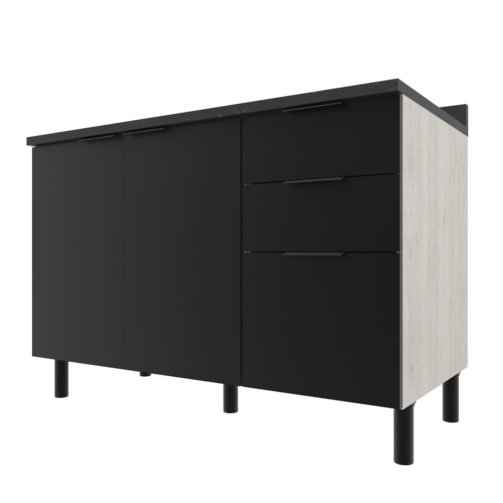 Balcão Triplo Bartira Rubi com 2 Portas, 2 Gavetas, 1 Gavetão, 1 Prateleira e 120cm de Largura - Freixo/Preto Poah