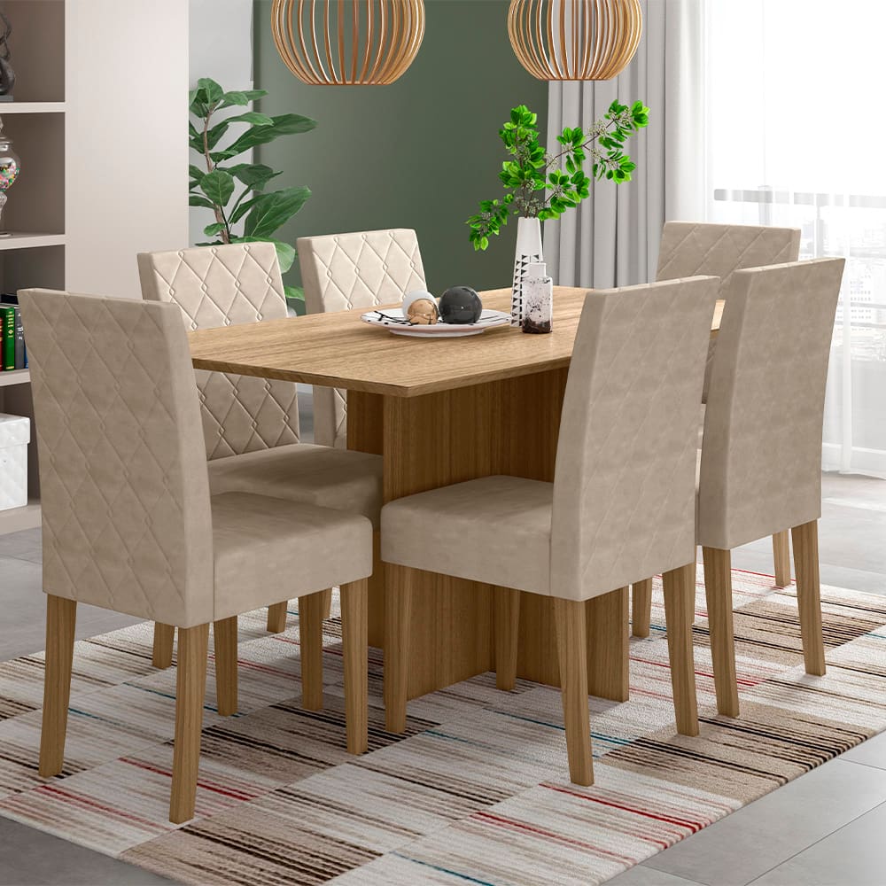 Mesa de Jantar Retangular Poliman Helo com 6 Cadeiras Revestidas em Suede - 160 cm de Largura
