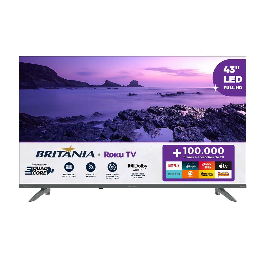 Smart TV DLED 43" Full HD Britânia BTV43VA4REGB Roku TV com HDMI, USB, Wi-Fi, Dolby Audio, Processador Quad-Core e Conexão com Alexa