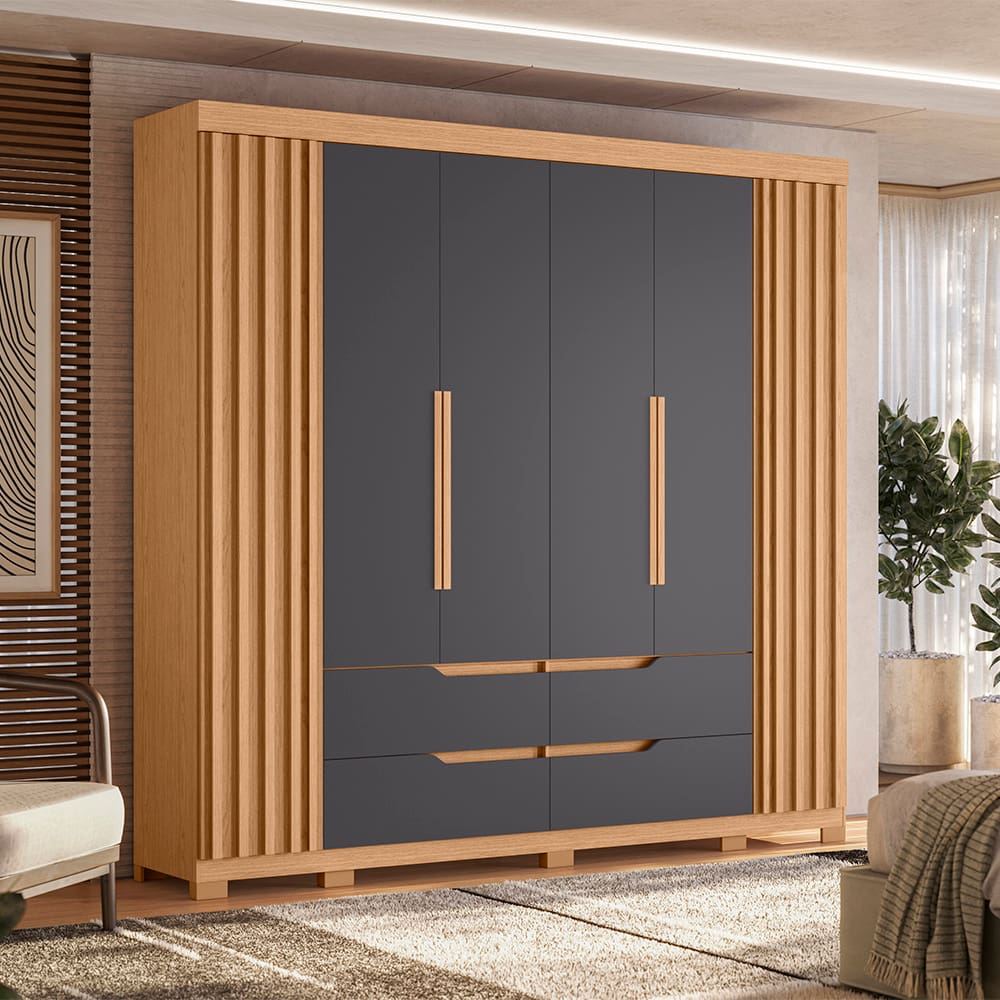 Guarda-Roupa Casal Palumóveis Doble com Cabideiro, 6 Portas de Bater e 4 Gavetas - 240cm de Largura