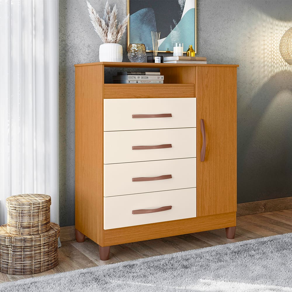 Cômoda Palumoveis Turquesa com 1 Porta e 4 Gavetas – 84cm de Largura