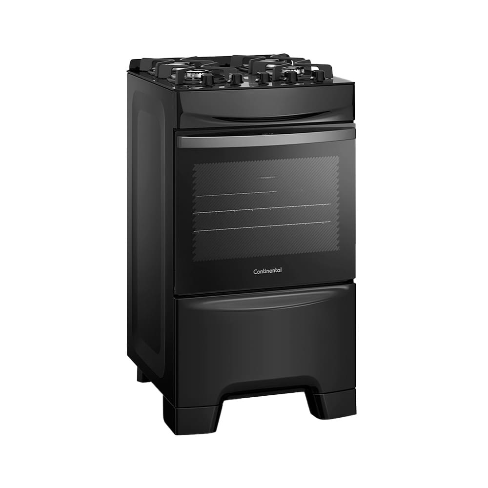 Fogão Continental 4 Bocas FC4GB Preto com Mesa de Vidro, Forno Eco Turbo e Grades de Ferro Fundido – Bivolt
