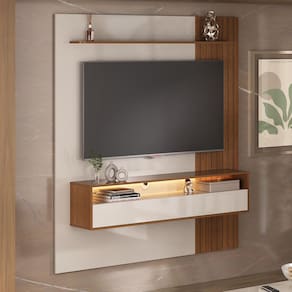Painel Suspenso Artely Matisse com Nicho e Prateleira, 160cm de Largura, para TVs Widescreen até 72” e Ultrawidescreen até 65”- Cinamomo/Off White