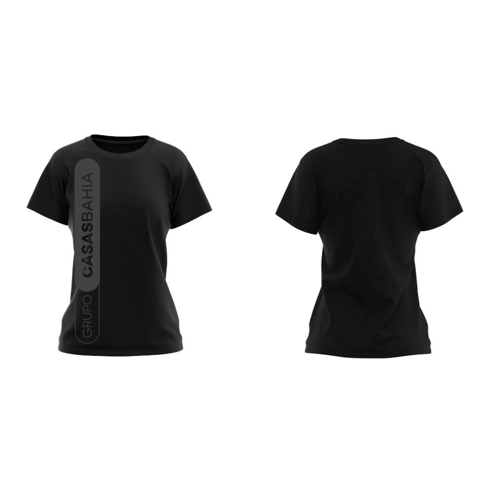 Camiseta Manga Curta Grupo Casas Bahia Preta logo Branca e Cinza - Modelo Baby Look