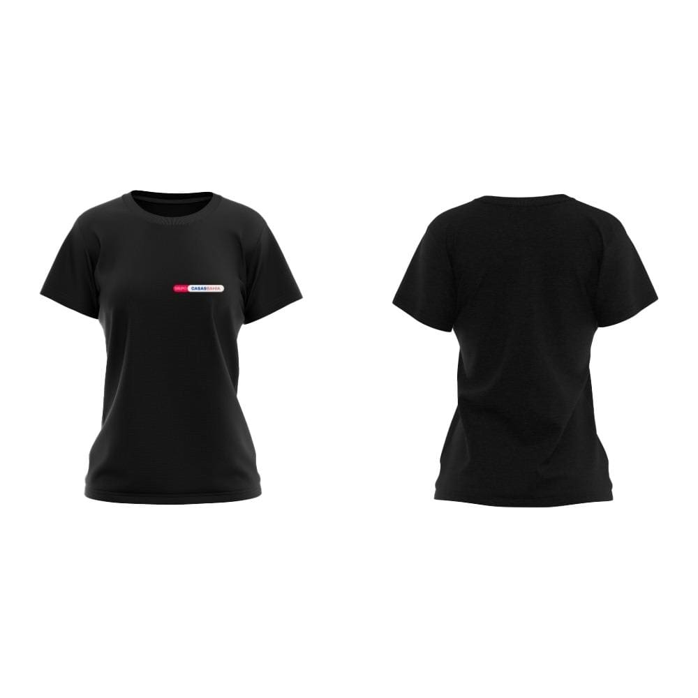 Camiseta Manga Curta Grupo Casas Bahia Preta logo Colorida - Modelo Baby Look