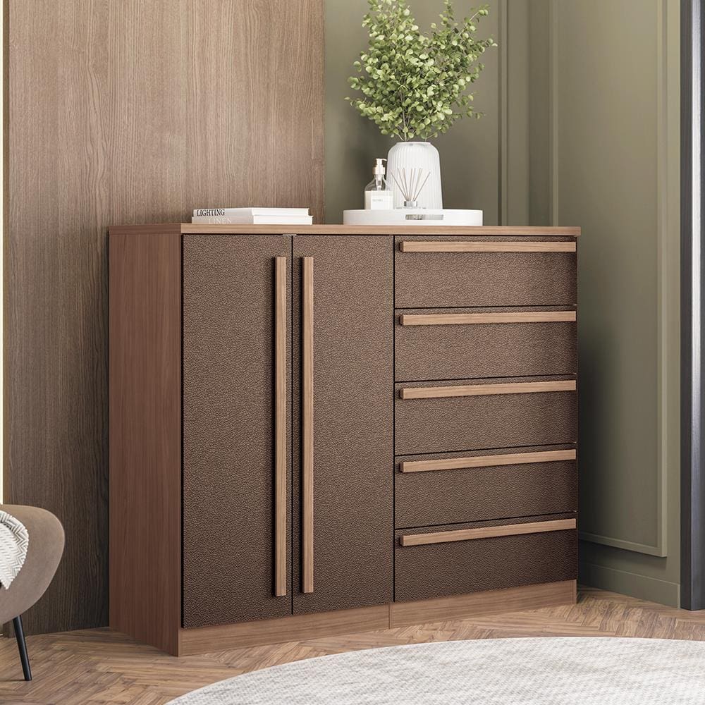 Cômoda Santos Andirá Chicago 5 Gavetas e 2 Portas - Wood/Couro Terracota