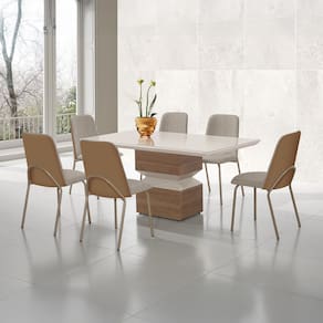 Mesa de Jantar Retangular Aço Nobre Aurora com 6 Cadeiras Estofadas – Champagne/Areia