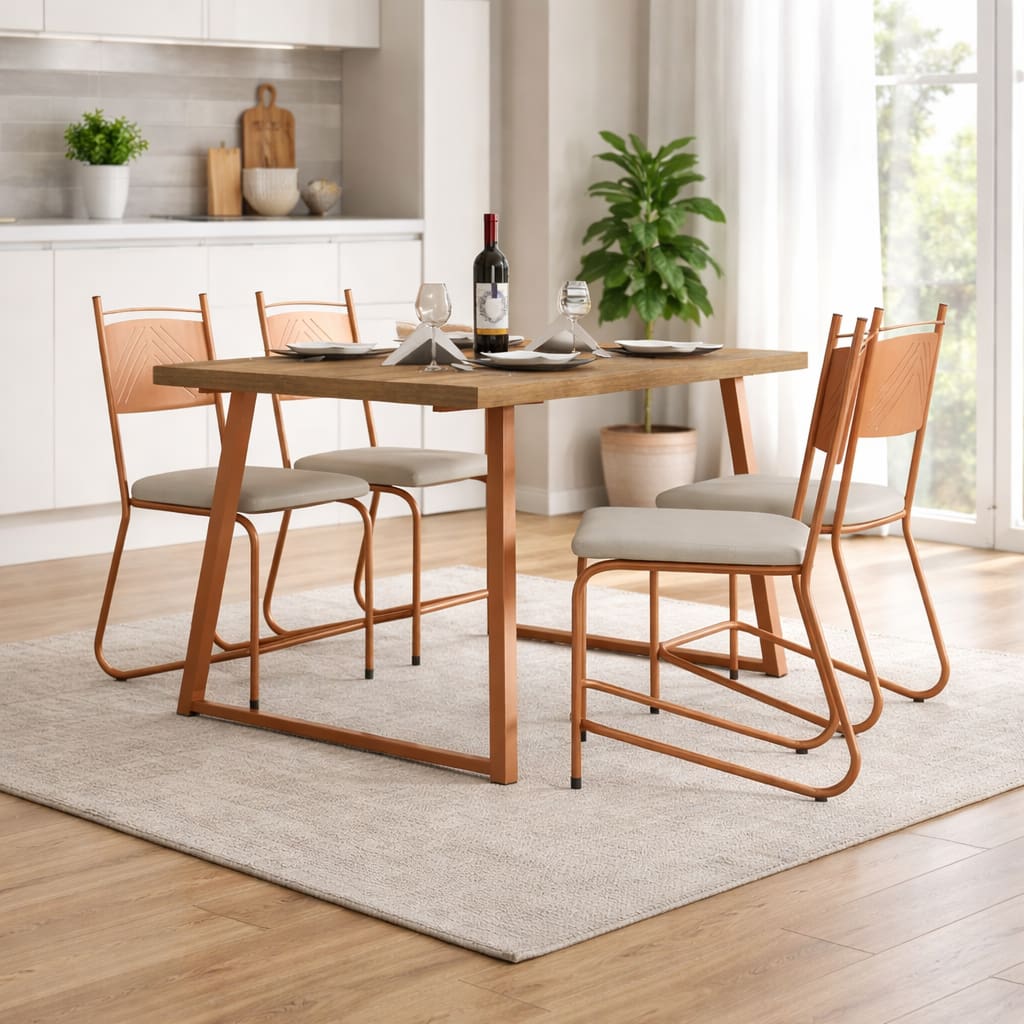 Conjunto Fabone Atlanta Mesa de Jantar Retangular com Tampo em MDP + 4 Cadeiras em Aço Carbono com Estofado Corano - 80x136cm