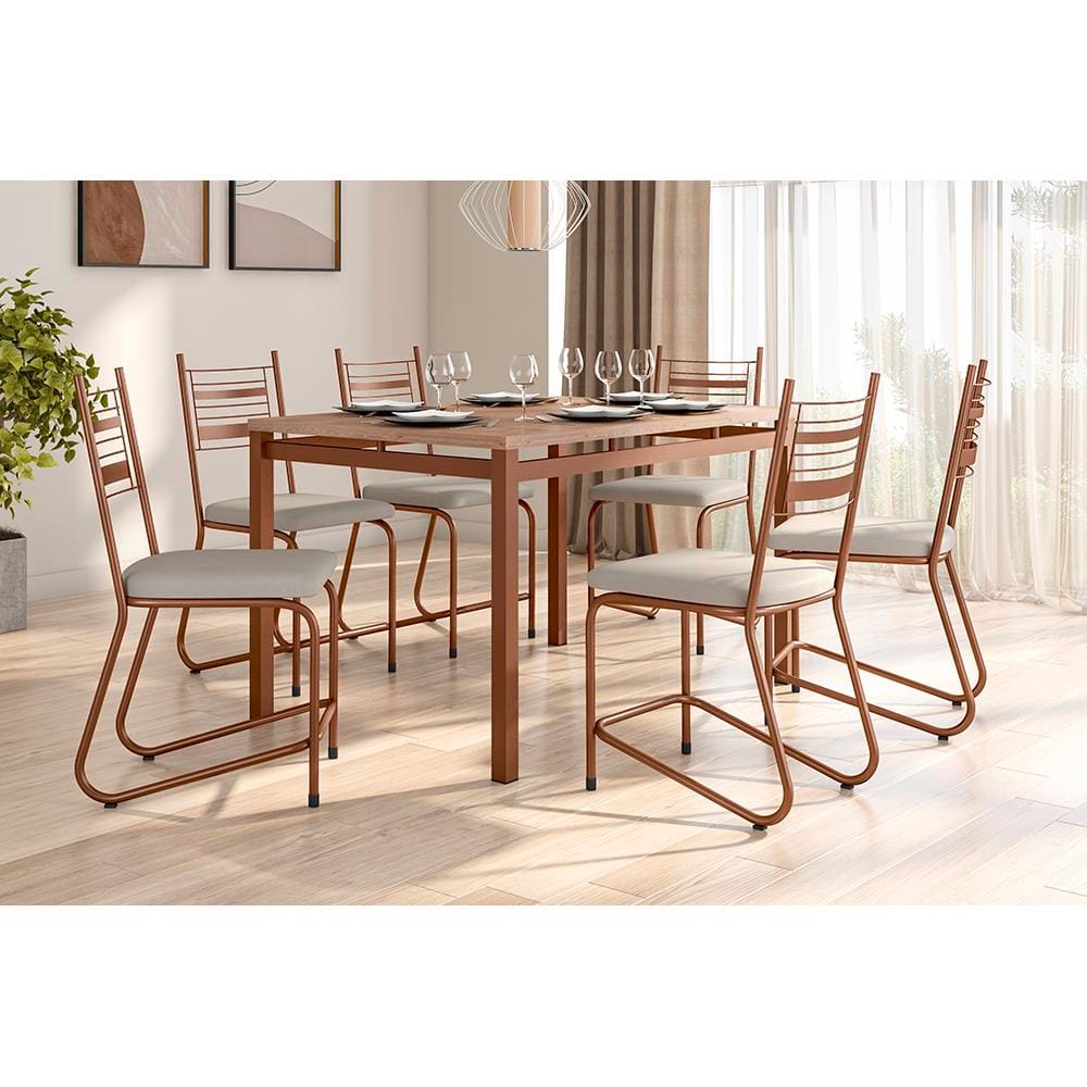 Conjunto Mesa Jantar 6 Cadeiras Fabone Kieve Aço Carbono Corano Cobre Mesa Retangular 136x80