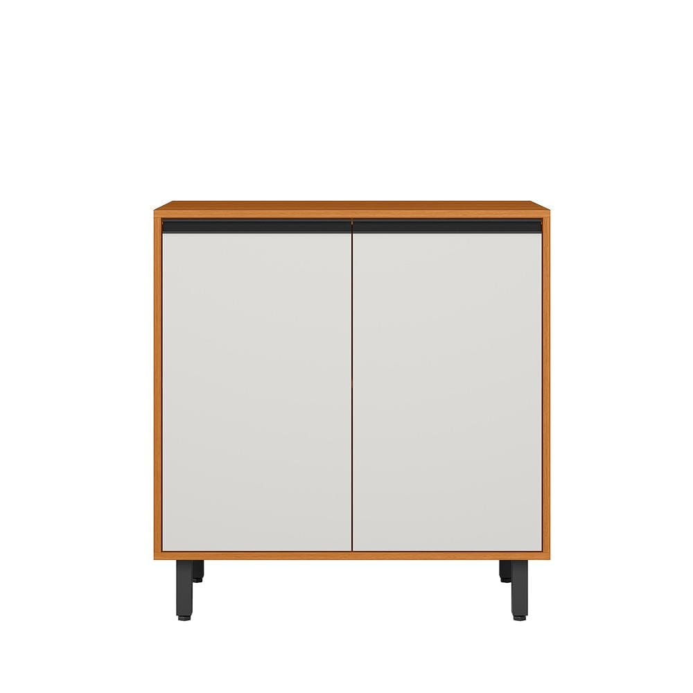 Balcão Poliman Ravena 80cm 2 Portas Tampo 15mm Puxadores Pretos Prateleira Removível Freijó Off White Acetinado