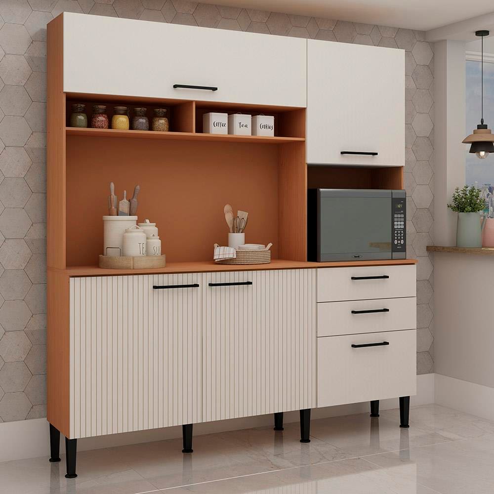 Cozinha Compacta Genialflex Lisboa com 5 Portas, 2 Gaveta, 2 Prateleiras e 180cm de largura – Freijó/White Laca