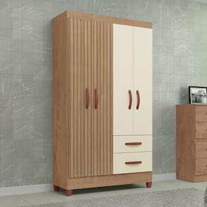 Guarda-Roupa Solteiro Atualle Real 4 Portas 2 Gavetas com Espelho Ripado 3D Natura Off White