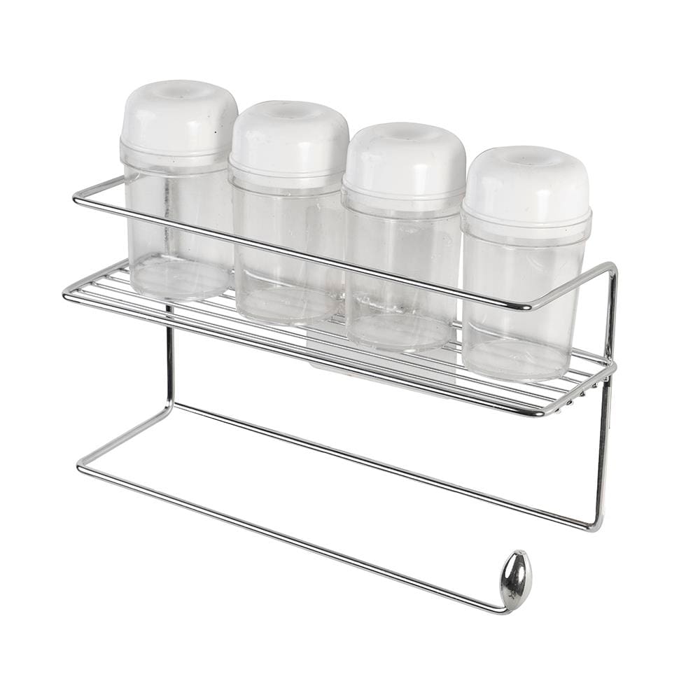 Suporte para Condimentos e Papel Toalha de Parede Utimil Cromado com 4 Potes Fixação Adesiva e Design Compacto