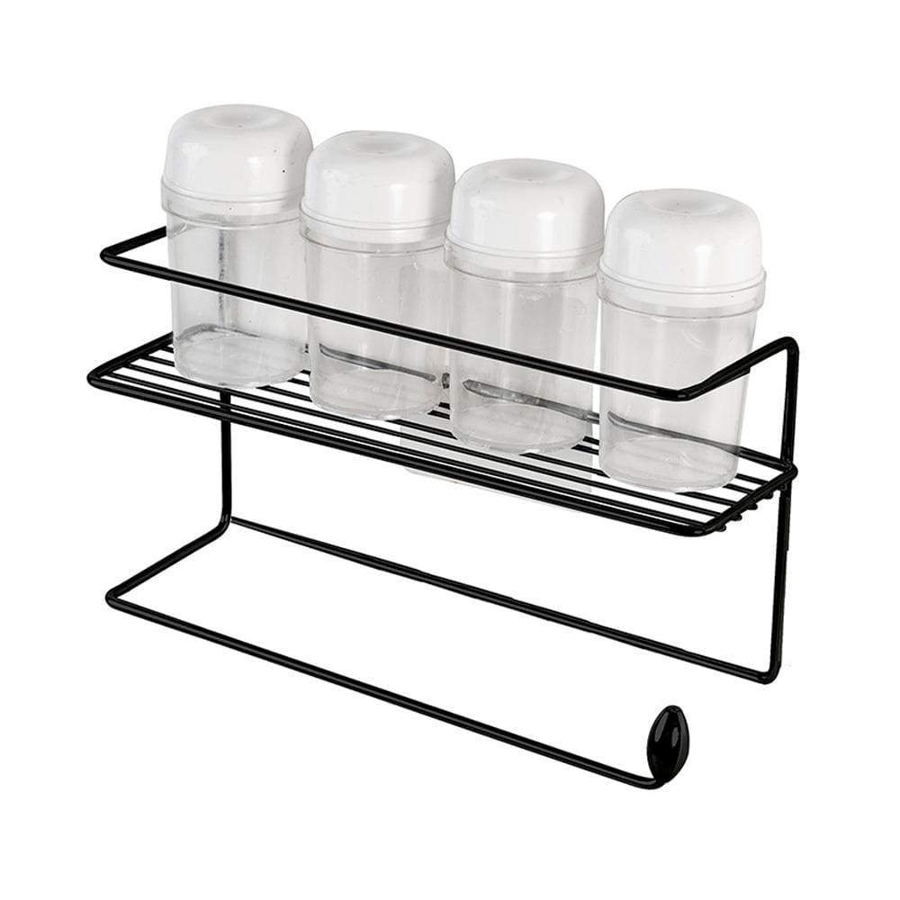 Suporte para Condimentos e Papel Toalha de Parede Utimil Pintura Epóxi Preto com 4 Potes, Fixação Adesiva e Design Compacto
