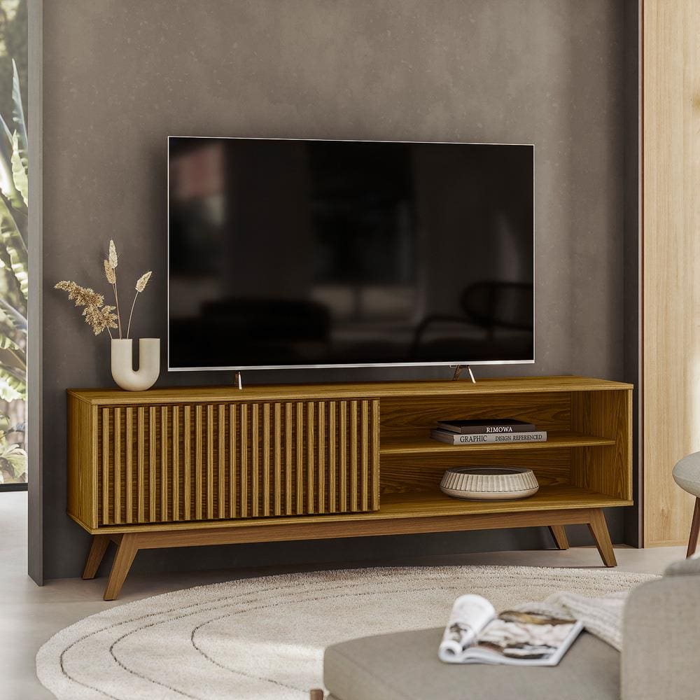 Rack Olivar Fox 160 Ripado Para TV até 55” Porta Deslizante 1 porta 3 Nichos
