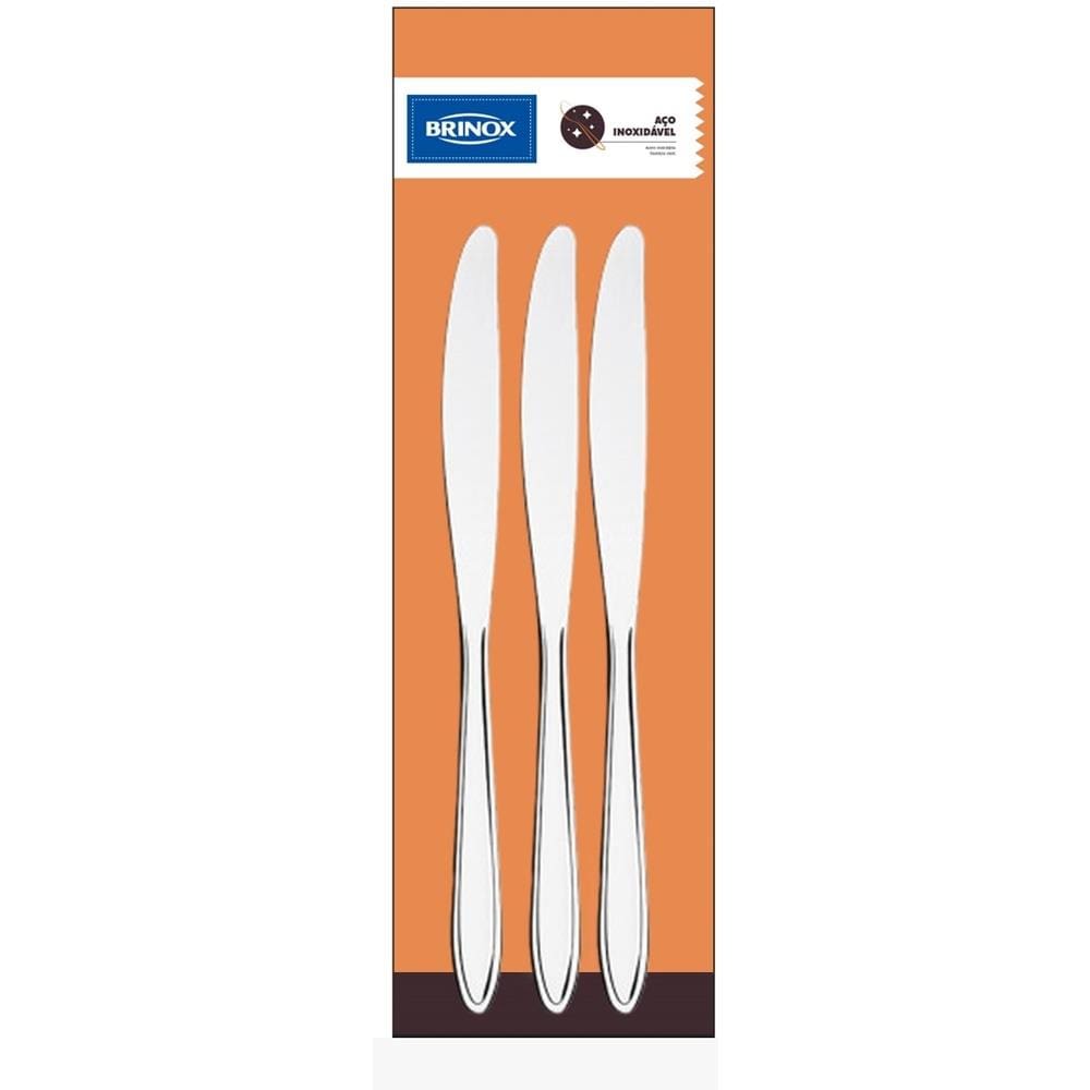 Jogo Faca de Mesa Brinox Lyon Aço Inox 3 Peças Aço Inox Polido com Friso