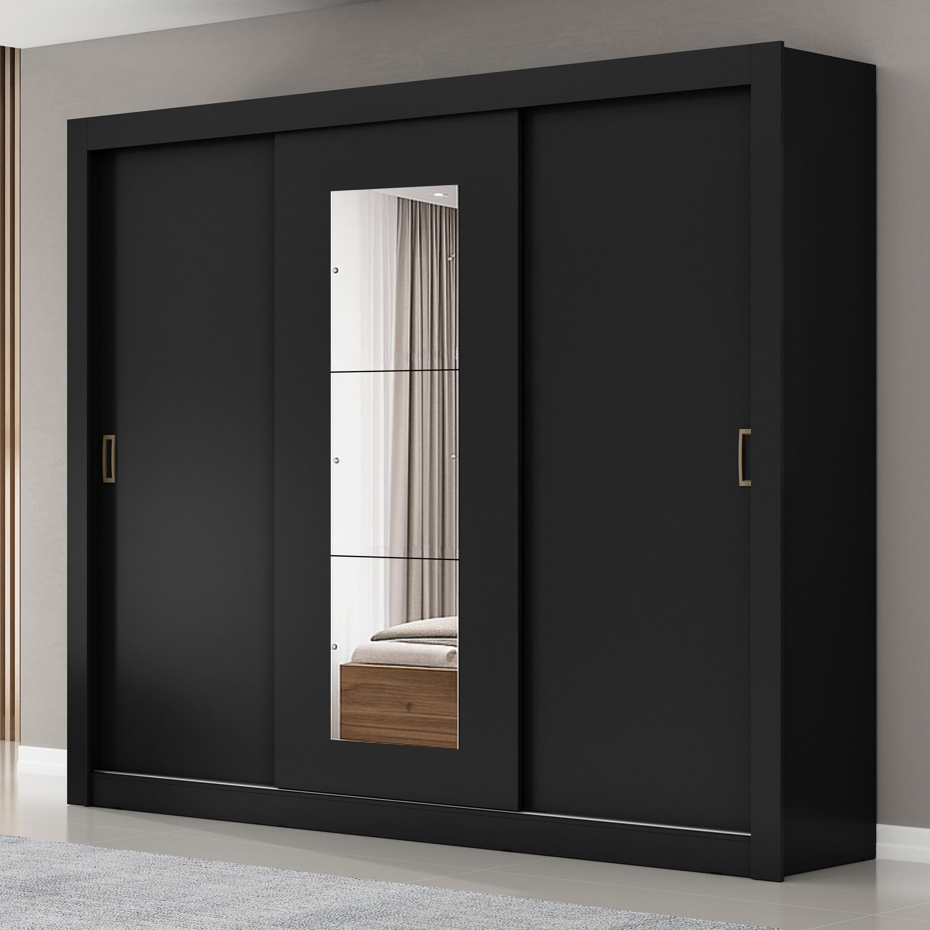 Guarda-Roupa Casal Maxel Residence 208x185x47cm 3 Portas de Correr 4 Gavetas Espelho