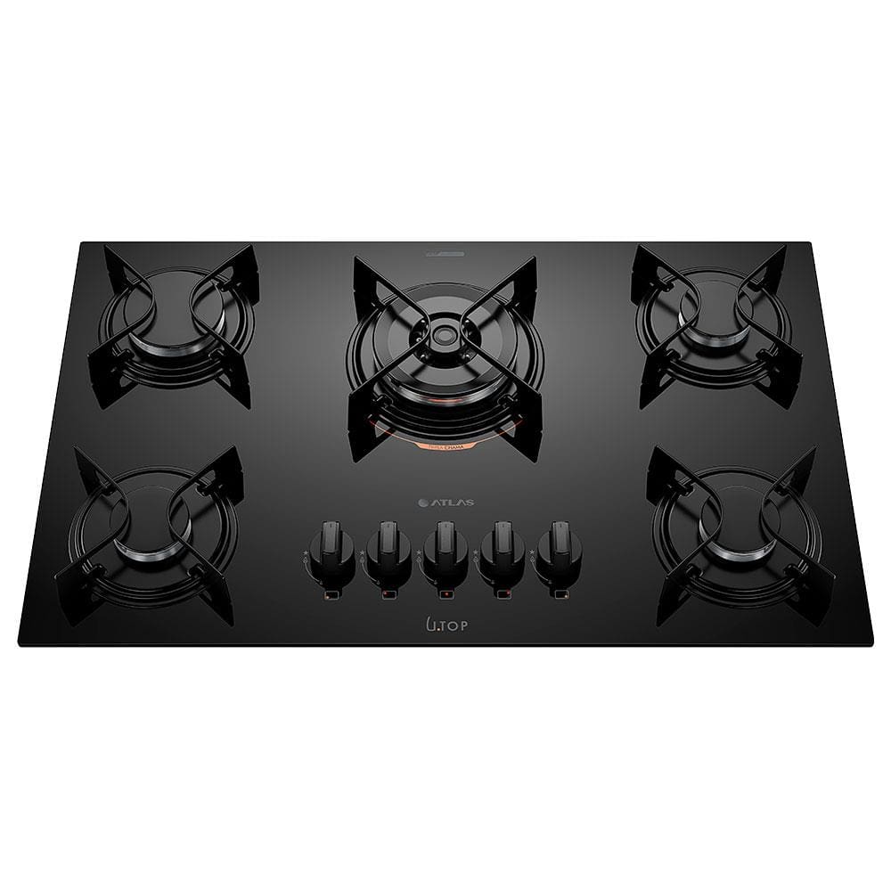 Cooktop a Gás Atlas U Top 5 Bocas Tripla Chama Mesa de Vidro Preto Bivolt