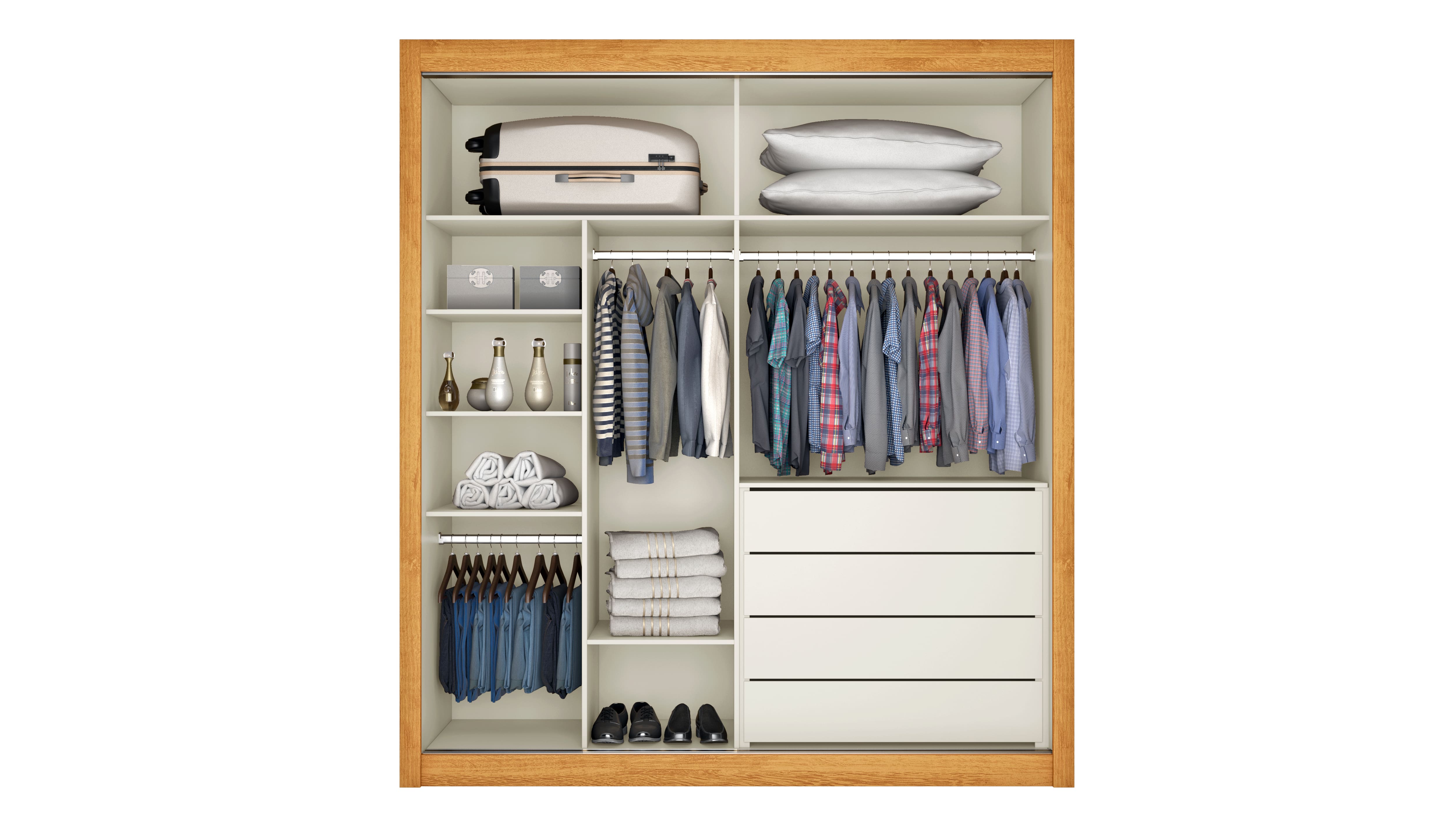 Armário Móveis Europa Solteiro Zurique 2 Portas Correr com Espelho Peroba/Off White