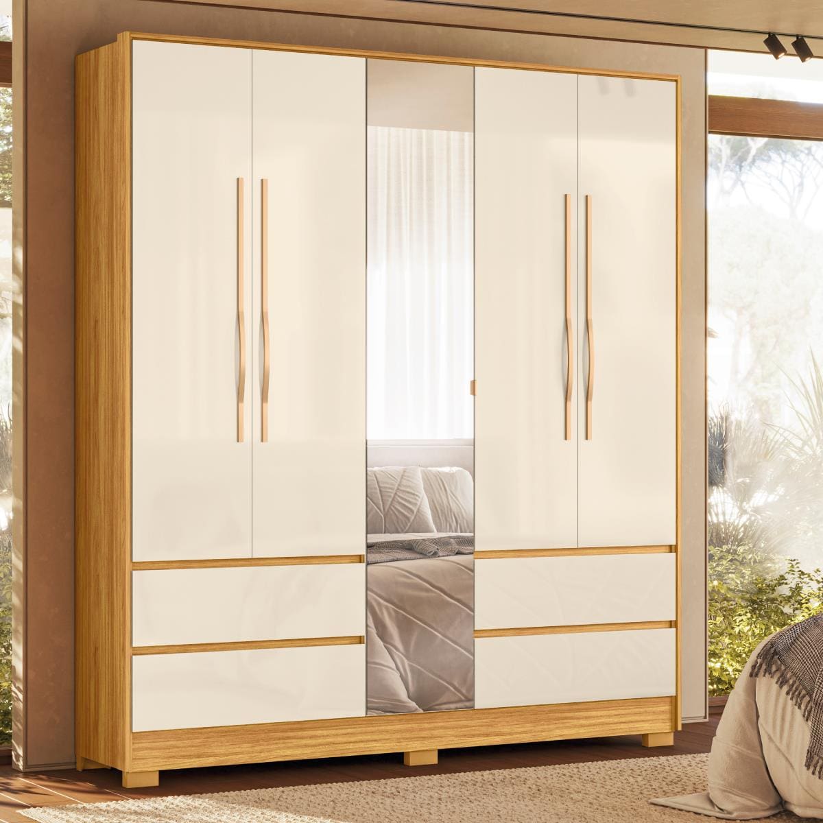 Guarda-Roupa 5 Portas Demóbile Turin Cinamomo/Off-White com Espelho