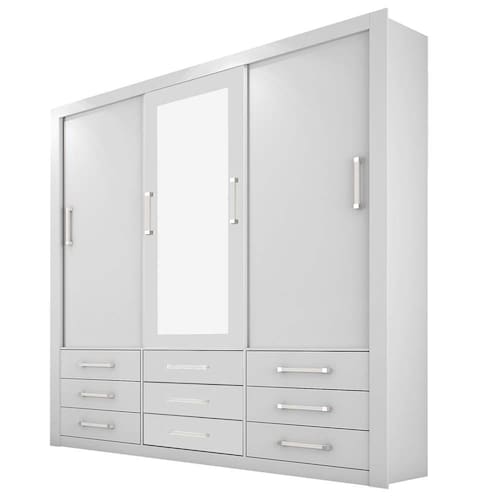 imagem-Guarda-roupa Carioca Móveis Anjos com 3 Portas, 9 Gavetas e Espelho - Branco