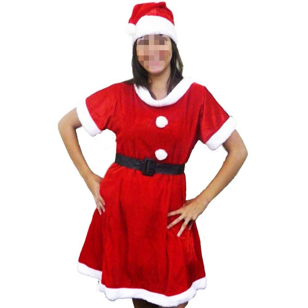 Roupa de Mamãe Noel Natal Natalino Veludo Gorro Vestido Cinto Fantasia