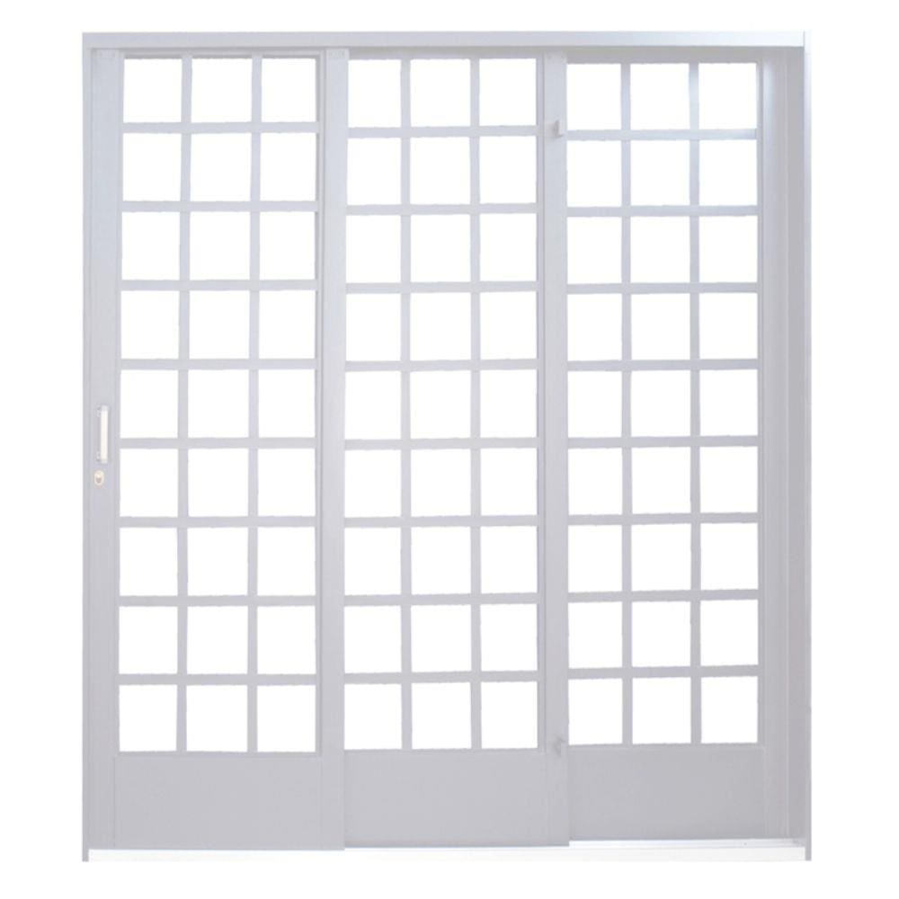 Porta de Correr Quadriculada em Aço 3 Folhas 1 Fixa com Base em Alumínio MGM Carrara 2,15mx2,00mx14,5cm Branco Esquerda