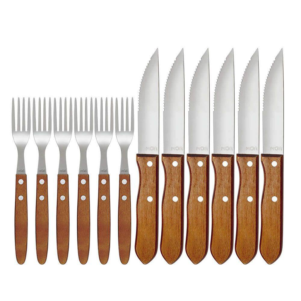 Conjunto Kit Churrasco Talheres 12pçs Garfos + Facas Inox Cabo Madeira - MR8 3931