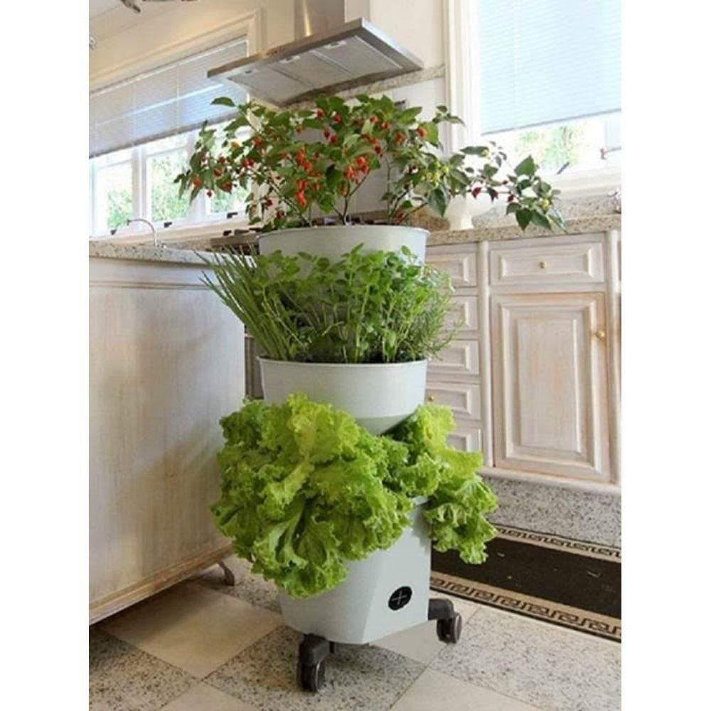 Horta Vertical Auto Irrigável Verde Vida - Acompanha Rodízio Cinza Flocado
